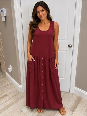 Free People Rustic Red Sleeveless Maxi Dress with Buttons & Pockets